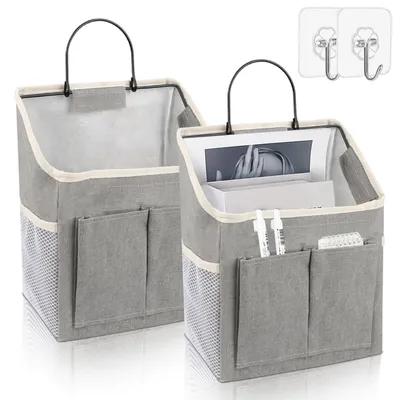 Image de Organiseur mural suspendu Organiseur de rangement - 3 poches - Gris - Lot de 2 - 30 x 23 x 10 cm - Coton et lin