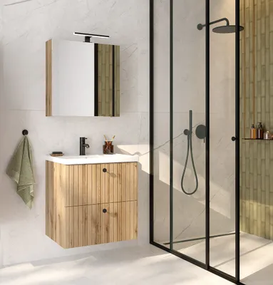 Produktbild von Waschplatz Set 2-teilig, 60 cm Waschtisch und Spiegelschrank, Eiche RIVA-107