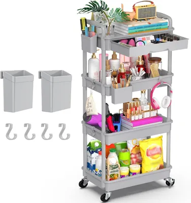 Produktbild von Rollwagen 4 Ebenen, mit Schublade, Kunststoffablage, feststellbare Räder, für Küche