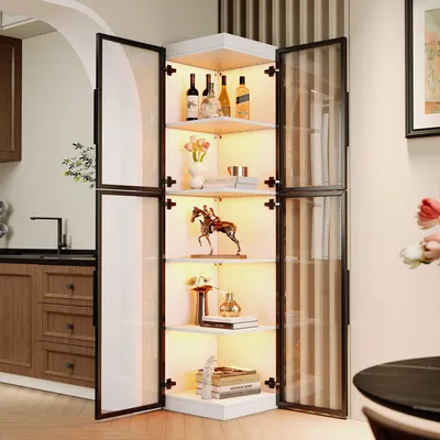 Produktbild von okwish Schmale vitrine Highboard mit LED-Beleuchtung und 5 Einlegeböden Aufbewahrungsschrank freistehende Acrylvitrine 2-türiges Design Weiß