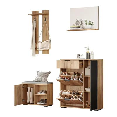 Produktbild von Flur-Garderoben-Set, Wandgarderobe-Garderoben-Set mit Schuhbank ,Schuhschrank,1 Spiegel,1 Schublade,2 Haken,4 Türen,naturfarben und black,140×35×139cm