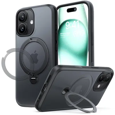 Immagine prodotto di TORRAS Ostand Spin Series iPhone 17 Case Black - supporto stabile a 360°, MagSafe, custodia militare con protezione per fotocamera e pulsanti, retro opaco