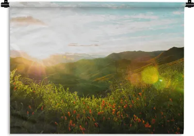 Produktbild von MuchoWow® Wandteppich Wandbehang Hügel - Sonnenuntergang - Gras - Grün 60x45 cm Tapisserie Dekoration Wandtuch - Das Schlafzimmer