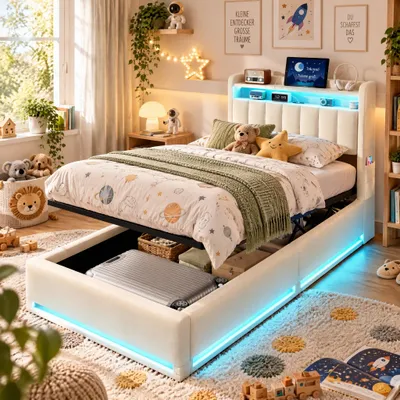 Produktbild von Polsterbett 90x200cm mit Bettkasten,LED Kinderbett mit Stauraum-Kopfteil und USB,Boxspringbett mit Lattenrost, Samt, Beige(ohne Matratze)