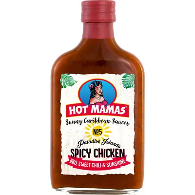 Verpackungsbild HOT MAMAS Sunny Caribbean Spicy Chicken BBQ Sauces Flasche 195ml