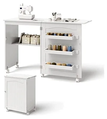 Produktbild von Klappbarer Nähschrank & Schreibtisch 2 in 1, Holz-Nähtisch mit 3 Einlegeböden für Spulen & feststellbaren Rollen, Weiß
