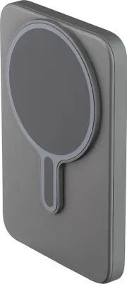 A gray MagSafe power bank is shown from a side angle against a light gray background.