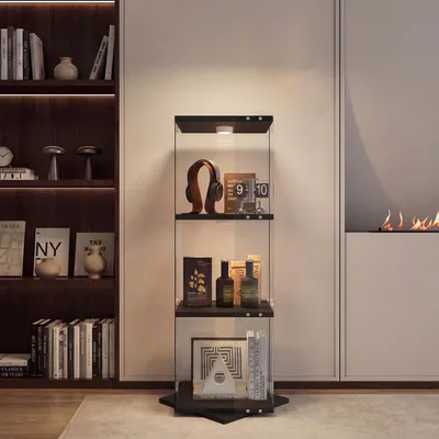 Produktbild von UnboxG LED Vitrine Schwarz 38x38x121 cm, 3 drehbare Ebenen, Glasvitrine mit LED-Beleuchtung, Kippschutz