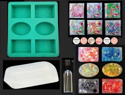 Produktbild von GKA XL Streuselseife Seifenherstellung Set Seife zum selber machen mit verschiedenen Streuseln Aloe Vera Rohseife Silikon Seifenform und viel Zubehör