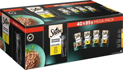 A large box of Sheba cat food, showing multiple pouches and images of cats and cat food.