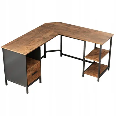 An L-shaped computer desk with a rustic, industrial design.
