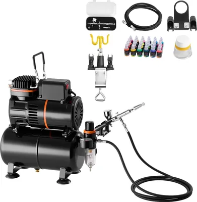 Produktbild von SucceBuy Airbrush-Set 1/6 PS mit Luftkompressor und Tank, Dual-Action-Airbrush mit 0,3 mm Düse, Schlauch, Acrylfarben (24 Farben) und 2 Ventilatoren, ideal für Kuchendekoration, Modellbau und Nageldesign