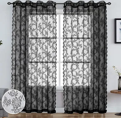 Produktbild von 2er Set Gardinen Vorhang Blumenmuster mit Ösen,Gardinen Spitze Halbtransparent Store Restaurant Wohnzimmer Schlafzimmer Landhaus B150xH250cm Schwarz