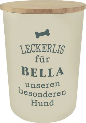 Produktbild von Personalisierte Futterdose, Vorratsdose zur Aufbewahrung m.Holzdeckel u. Silikondichtung f.Katzen u. Hunde Accessoires - Leckerlidose Bella