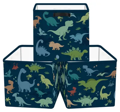 3er-Set Aufbewahrungsboxen Dinosaurier, 30x30x30 cm, blau