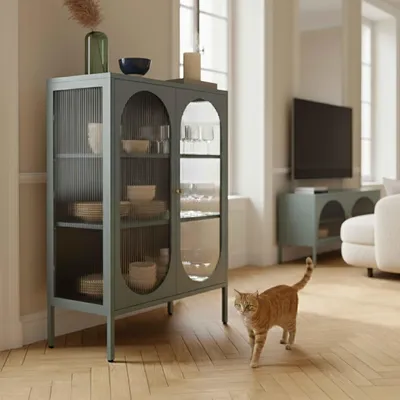 Immagine prodotto di Credenza moderna a 2 ante da 80 cm in metallo e vetro verde salvia - Oviala Dreamy