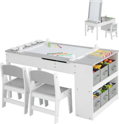 Produktbild von GOPLUS Kinderkunsttisch mit 2 Stuhl & seitliche offene Regal, Kindermöbel Set mit Stauraum & Maltisch, Kindersitzgruppe für Zeichnen & Schreiben(Grau)