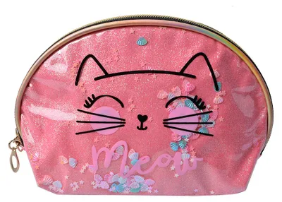 Imagen del producto de Estuche de tocador para mujer Clayre & Eef, 22x8x14 cm, color rosa, de poliéster, con diseño de gato