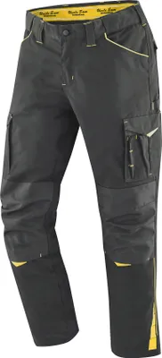 A pair of black and yellow work pants.