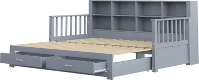 Produktbild von Merax Tagesbett 90x190 ausziehbar auf 180x190, Schlafsofa mit Stauraumfächern, Schubladen und Steckdose, Kinderbett aus Massivholz, Grau