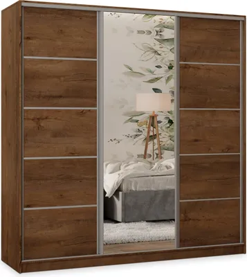 Produktbild von Masseno Schiebetürenschrank PINA 180/205/58 cm Kleiderschrank mit 4 Schubladen Schlafzimmer Schrank 3-türig mit Spiegel Eiche Lefkas