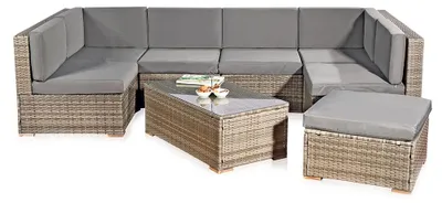 Produktbild von Gartensitzgruppe Terrassenmöbel Polyrattan Lounge Garnitur Essgruppe grau