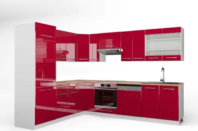Image de Cuisine en angle Vicco Fame-Line Rouge bordeaux Haute brillance/Blanc 287 x 227 cm, PT Chêne, Model 42237