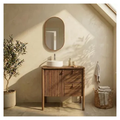 Produktbild von Waschtisch Eiche 80cm Füße, Becken, Armatur und ovaler Spiegel JOY