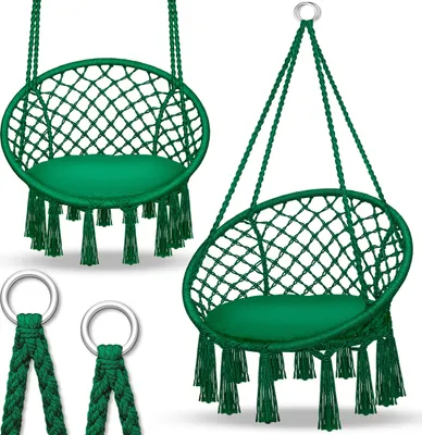 Produktbild von tillvex Hängesessel Grün 200kg zum Aufhängen | Hängestuhl Indoor & Outdoor | Hängekorb wetterfest | Schaukelkorb mit Kissen