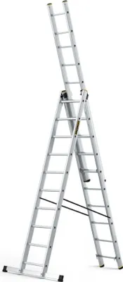A multi-purpose aluminum ladder set up in an A-frame configuration against a white background.