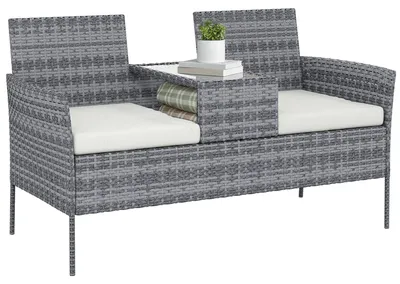 Produktbild von 2-Sitzer Gartenbank mit Tisch, Polyrattan, 135x64x81 cm, Schwarz, inkl. Kissen, Sicherheitsglasplatte, wetterfest