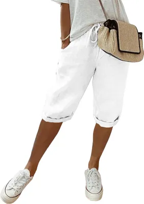 Produktbild von ASKSA Damen Sommer Leinenhose Luftig Hohe Taille Caprihose Locker Elastisch Strandhose Kurzehose, Weiss, Groesse: XL