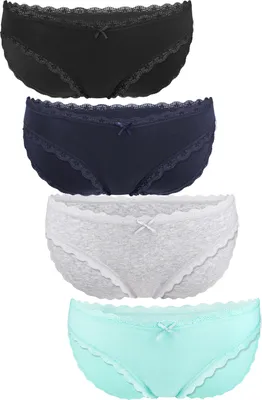 Produktbild von Fabio Farini - 4 Stück Damen Bikinislip - Unterhosen aus weicher Baumwolle mit Stretch-Anteil im Bikini-Style mit Schleifchen und dezenter Spitze