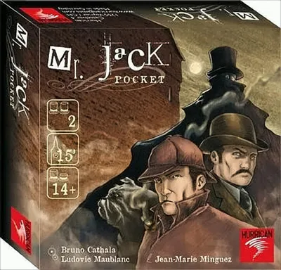The image shows the front of a board game box, featuring illustrations of characters and the game title. It also displays game statistics like player count, age rating, and playtime.