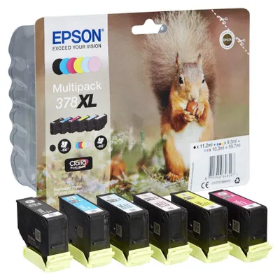 Obrázok produktu pre Epson Squirrel 6-farebný atrament Claria Photo HD 378XL veverička multipack, Vysoký (XL) výnos, Čierna, Azúrová, Svetlo azúrová, Purpurová, Svetlo purpurová, Žltá, 11,2 ml, 9,3 ml, 1 kusov, Viacnásobné balenie