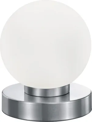 A close-up studio shot of a modern table lamp with a spherical white shade and a metallic base.