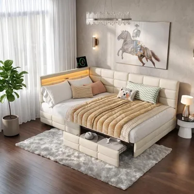 Image de Lit tapissier INONEFT 140x200 cm avec LED et USB, convertible en canapé-lit avec sommier à lattes/espace de rangement, lit double avec coffre de rangement et 2 tiroirs, tissu lin, couleur beige