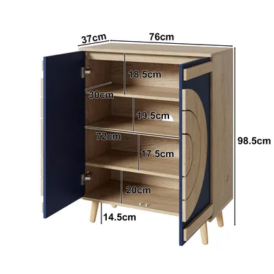 Obrázek produktu pro okwish Moderní botník se stabilními dřevěnými nohami, botník s kulatými geometrickými dveřmi, botník z dřeva, modrá + přírodní