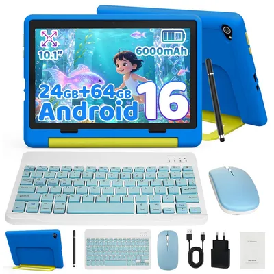 Produktbild von JENBIZZ 10 Zoll Kinder Tablet Android 16, 24 GB RAM, 32 GB ROM, 6000mAh, Kindersicherung, WiFi, Bluetooth, mit Tastatur
