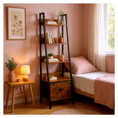 Produktbild von Nachttisch im Leiterdesign 5 Ebenen 42x29x141 cm mit Stoffschublade, 12 mm Holzplatten & 20 mm Metallrahmen, 7,5 cm Rückwand, Französischer Vintage-Stil für Schlafzimmer