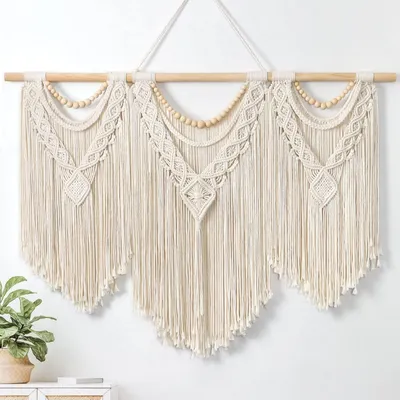 Zdjęcie produktu dla Dekoracja ścienna - Gobelin makramowy boho - 110 x 80 cm - Bawełna - Naturalny z frędzlami