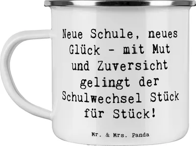 Produktbild von Mr. & Mrs. Panda Emaille Becher Spruch Einen Schulwechsel bewältigen - Weiß - Geschenk, Blechtasse, Schulkind, Teetasse, Trost, Vertrauem, Pott, Veränderung, Mutmacher