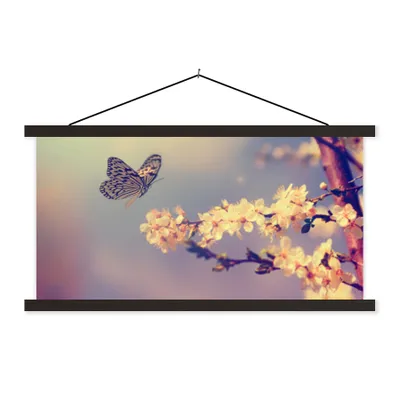 Produktbild von MuchoWow® Textilposter Schmetterlinge - Blüte - Zweig - Baum 150x75 cm mit schwarzem Rahmen - Posterleiste