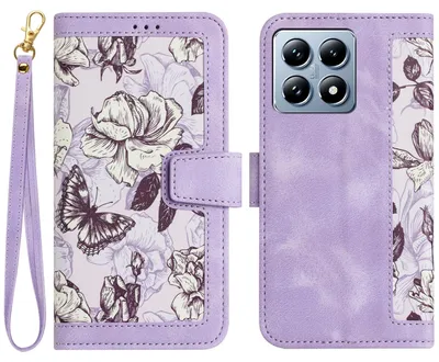 Obrázek produktu pro Pro Xiaomi 14T Pro Umělá kůže Peněženka Pouzdro na mobilní telefon Květinový design Pouzdra Fialová