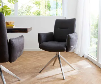 Produktbild von DELIFE Drehstuhl Jova-Flex mit Armlehnen Mikrofaser Anthrazit Vintage Kreuzgestell breit Edelstahl 360° drehbar Taschenfederkern