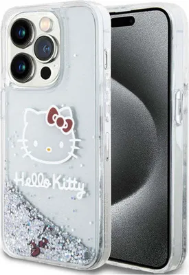 A clear, close-up shot of a Hello Kitty themed iPhone 14 Pro case with glitter inside.