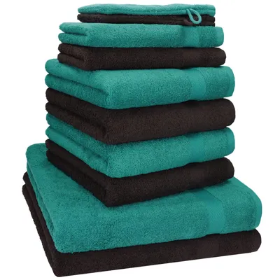 Produktbild von Betz 10-tlg. Handtuch-Set PREMIUM 2 Duschtücher 4 Handtücher 2 Gästetücher 2 Waschhandschuhe Farbe: smaragd grün & dunkel braun