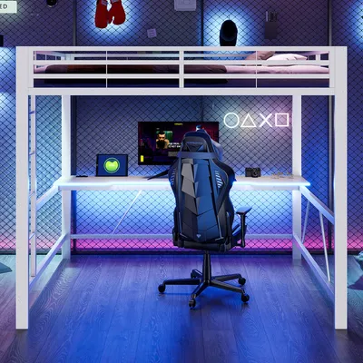 Produktbild von okwish Hochbett 160x200 Jugendbett mit LED-Beleuchtung,Bettgestell mit USB-Ladestation und integriertem Schreibtisch,Weiß(ohne Matratze)