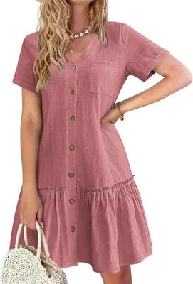 Produktbild von Sommerkleid für Damen mit Knopfdetails, V-Ausschnitt, kurzen Ärmeln, A-Linien-Schnitt und Rüschen, geeignet für den Freizeitgebrauch