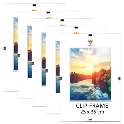 Produktbild von MG Design Cliprahmen Set 5 Stück in 25 x 35 cm - Rahmenlose Bilderrahmen mit Acrylglas & HDF-Rückwand für Fotos, Poster & Puzzle, vertikal & horizontal